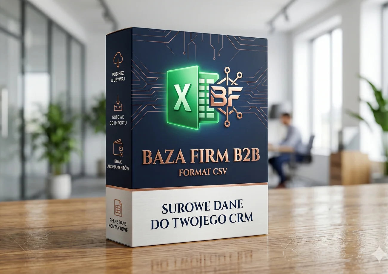 Opakowanie produktu Kompletny Pakiet 3w1 – Maszyna Sprzedażowa B2B (Bazy lub Aplikacja) z grafiką symbolizującą bazę firm B2B w formacie CSV oraz surowe dane do CRM.