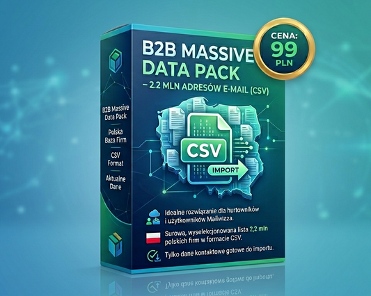 Opakowanie oprogramowania B2B Massive Data Pack prezentujące możliwość importu danych CSV, powiązane z produktem Kompletny Pakiet 3w1 – Maszyna Sprzedażowa B2B (Bazy lub Aplikacja).